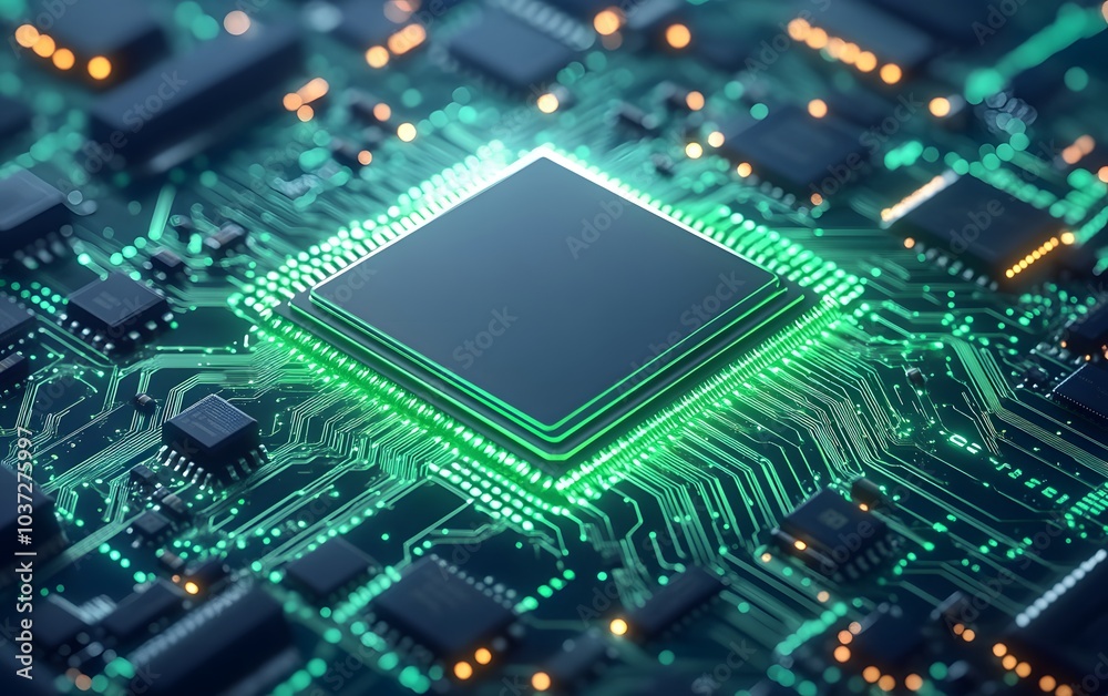 Poster A close-up of a microprocessor on a circuit board, highlighting intricate connections and glowing elements.