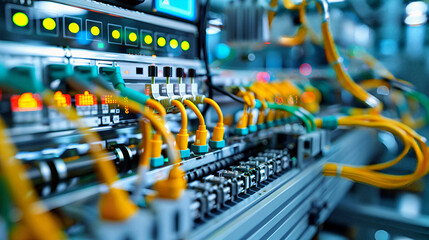 Close-up of a computer network cable showcasing the intricate connection of technology and communication equipment in a datacenter setting