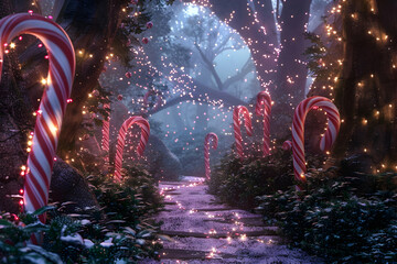  magical winter path with candy canes and twinkling lights creating a festive vibe
