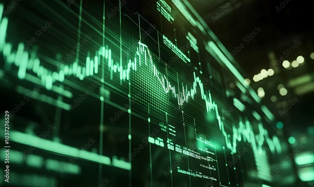 Poster a digital display shows fluctuating data points in green, symbolizing market trends, analytics, or f