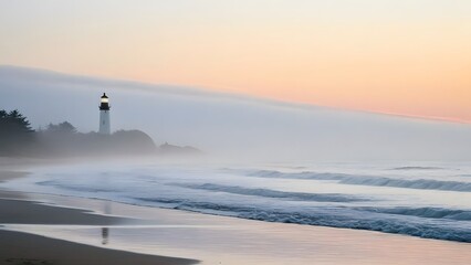 A foggy beach at sunrise, with soft waves lapping against the shore and the faint outline of a lighthouse in the distance