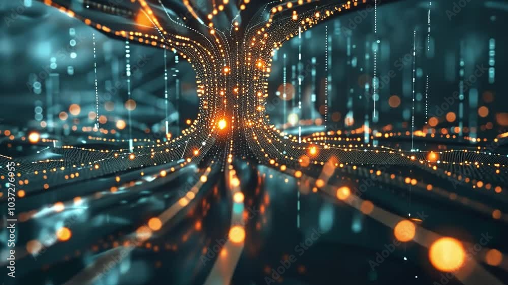 Poster The illustration captures an intricate network of glowing data streams flowing through a digital environment, showcasing vibrant orange lights against a dark backdrop.