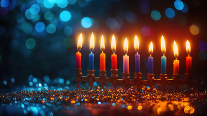 Menorah with oil candles on Hanukkah adorned with festive garland lights for the celebration