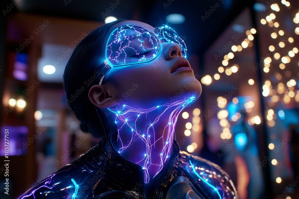 Poster lymphatic system, visualized as a glowing holographic display, with neon lymph nodes and lymphatic v