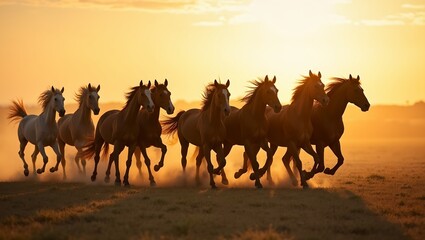 Majestic wild horses running in a field at sunset kicking up dust