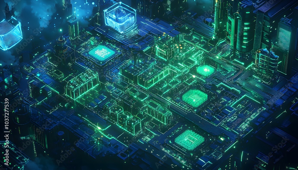 Poster a vibrant, futuristic cityscape illuminated by neon lights, showcasing intricate digital structures 