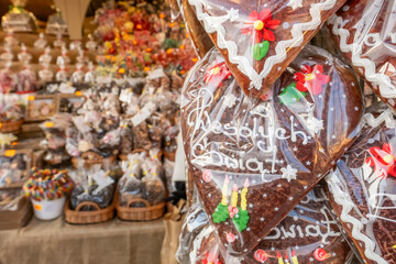 Gingerbread Hearts at Christmas Market in Krakow, Poland.