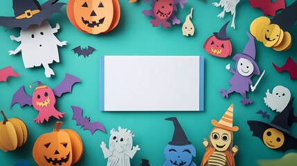 Fototapeta premium Blank mockup template of an invitation card surrounded by playful paper cut style characters like witches and mummies.