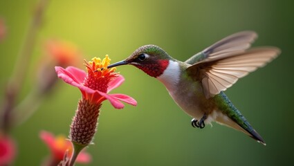 Vibrant hummingbird in mid flight next to flower wings a blur