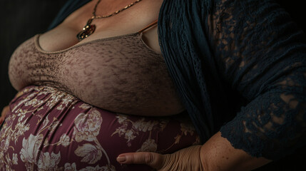 Overweight Middle-Aged Woman with Abdominal Obesity: Belly Fat, Large Stomach, Casual Clothing, Unhealthy Lifestyle, Sedentary, Weight Gain, Health Concerns, Realistic Photo
