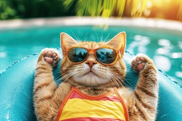 Playful cat in sunglasses relaxing on a pool float under the sun, exuding summer vibes.