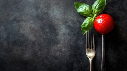 A fork holds flavorful Italian pasta topped with vibrant tomato sauce and a fresh basil leaf, perfect for a delicious dinner. Generative AI