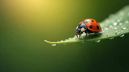 Fototapeta premium Ladybug on leaf tip with dew drops in soft morning light