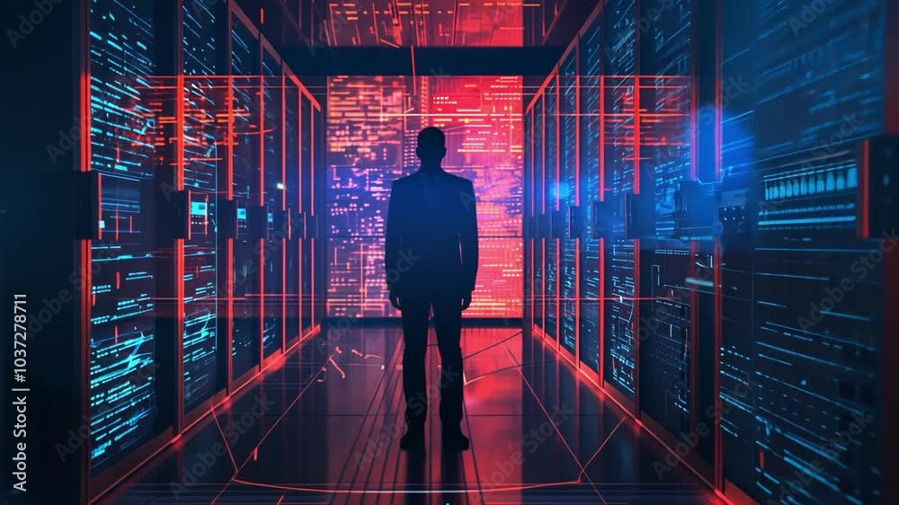 Fototapete The person stands alone in a high-tech environment, surrounded by luminous screens displaying data. The vivid red and blue lights create a dynamic atmosphere of innovation and technology.