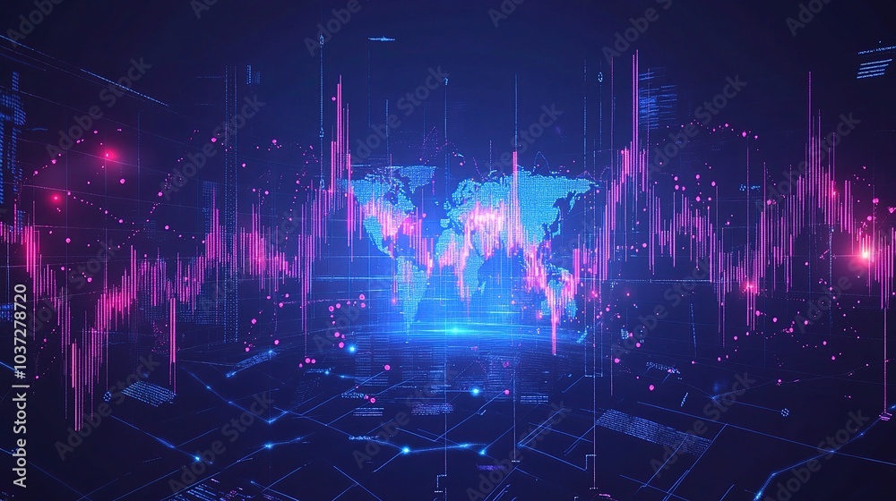 Poster abstract digital world map with data visualization elements
