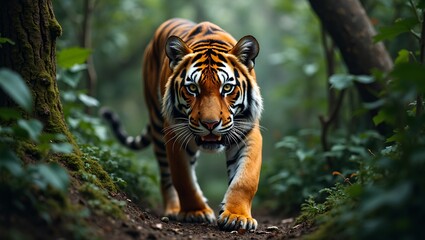Majestic tiger blending in the lush jungle environment
