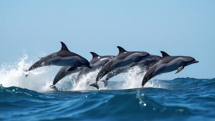Playful dolphins jumping in ocean under clear sky