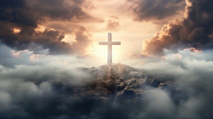 Naklejka premium holy cross symbolizing the death and resurrection of Jesus Christ with The sky over Golgotha Hill is shrouded in light and clouds