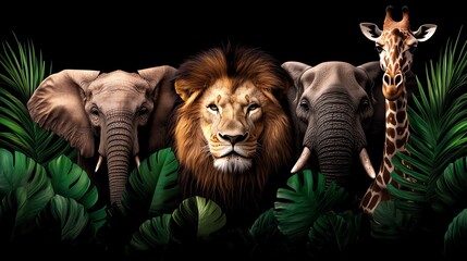 A striking depiction of a lion, elephant, and giraffe surrounded by lush green foliage, symbolizing wildlife and nature.