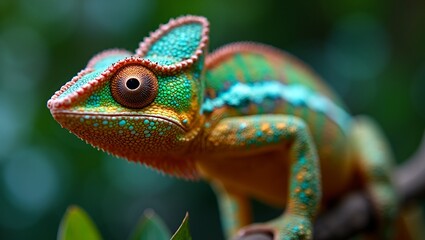 Vibrant chameleon scales with mesmerizing eyes blending into foliage