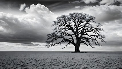 Obraz premium A high-contrast black and white photograph of a solitary tree standing in an empty field, with dramatic cloud formations in the background