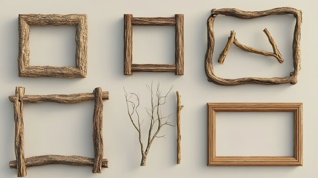 A collection of rustic wooden twig frames in different shapes, displayed against a neutral background.