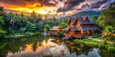 Long Exposure of a Serene Thai Wooden Country Home in Resort Style Amidst Nature's Beauty