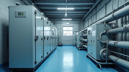 Obraz premium Large industrial chiller rooms with motor and water pipes