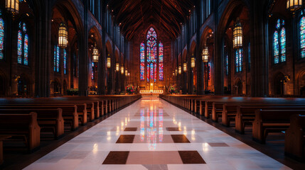 Fototapeta premium Empty pews in a church with stained glass windows.