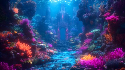 Fototapeta premium A glowing underwater kingdom lies hidden among vibrant corals. Illuminated by soft blue light, ancient ruins and magical colors create a surreal, dreamlike ocean world.