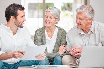 Financial advisor, laptop and old couple with documents, house and conversation in lounge....