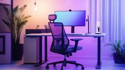 A minimalist home office with an ergonomic chair, standing desk, and integrated virtual assistant
