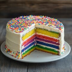 A colorful rainbow cake, sliced to reveal its vibrant layers, perfect for a fun birthday celebration
