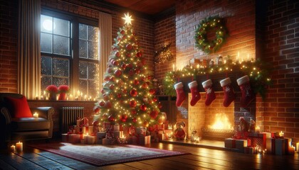 Fototapeta premium Cozy Christmas Living Room: Festive Tree with Red Ornaments, Glowing Fireplace with Stockings, Wrapped Gifts, and Warm Candlelight Creating a Magical Holiday Atmosphere Indoors