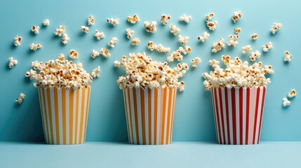 A colorful set of popcorn icons, with kernels spilling out of classic striped containers on a blank background.