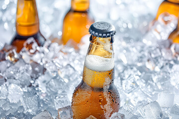 Bottle of beer with a cap on top is sitting in a container of ice. The bottle is half full and the ice is melting, creating a cold and refreshing atmosphere