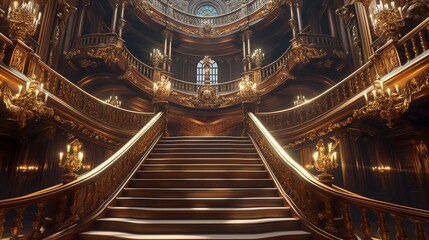 Fototapeta premium Grand interior of a luxurious baroque palace with a sweeping staircase and ornate gilded details, perfect for opulent designs