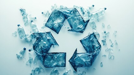 A conceptual image of a recycle symbol, formed with crushed transparent plastic bottles on a white surface.