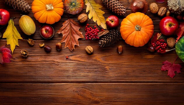 Herbstlicher Holztisch mit K&uuml;rbissen und Bl&auml;ttern