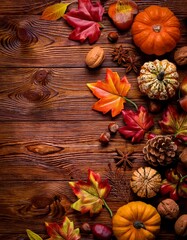 Fototapeta premium Holztisch mit herbstlichen Blättern und Kürbissen – perfekte Herbstdeko