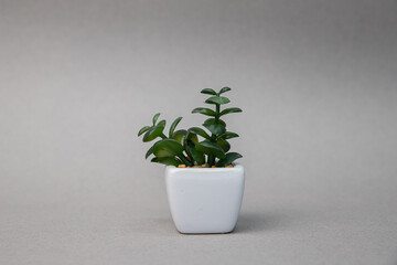 small plastic decorative plant in a white pot on a gray background