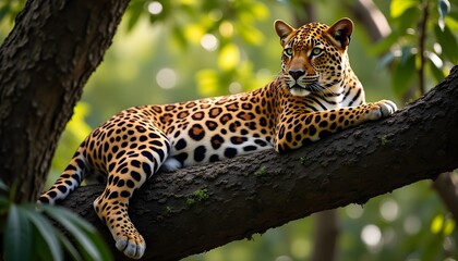 A serene scene of a leopard lounging on a high tree branch, its golden coat covered in black spots perfectly blending with the dappled sunlight filtering through the leaves.