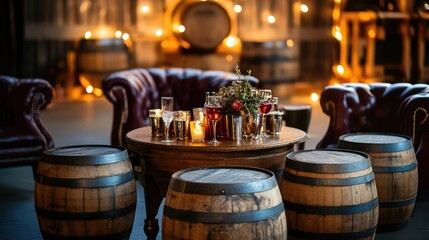 Barrels arranged in a cozy setting, perfect for promoting drinks or event spaces.