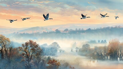 Obraz premium A flock of geese flying in a perfect V-formation overhead. 