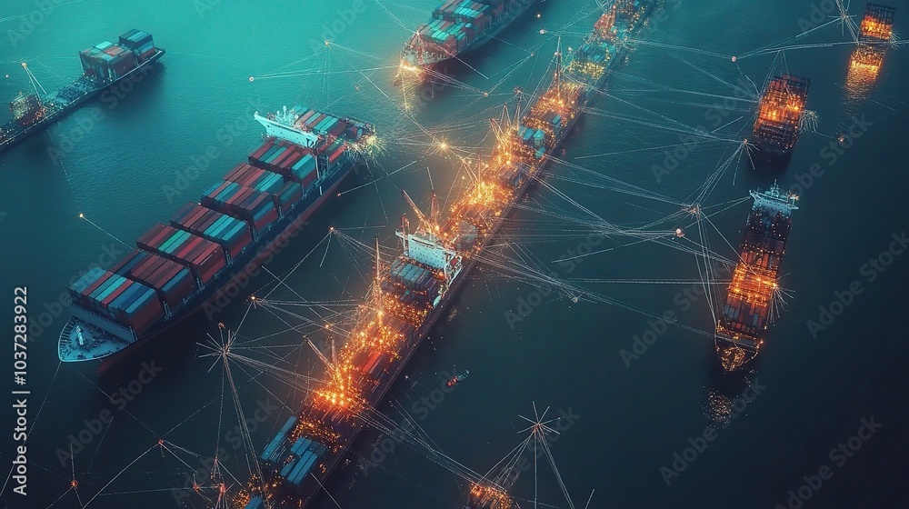 Poster Aerial View of Cargo Ships in a Busy Port