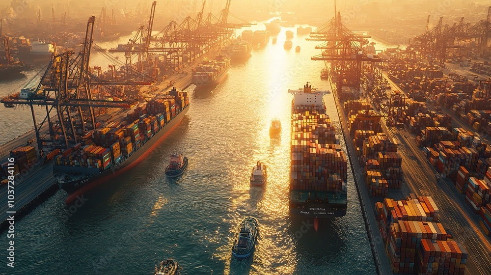 Wall mural Aerial View of Shipping Port at Sunset