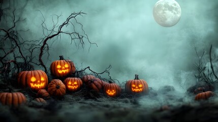 Spooky pumpkin patch with withered vines twisting amongst rotting gourds glowing jack o  lanterns casting eerie shadows under a full moon