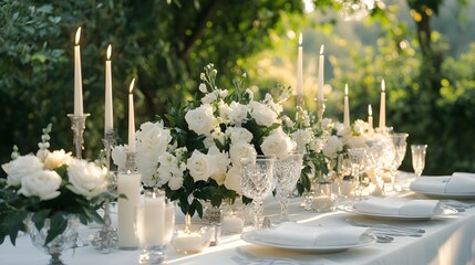 Elegant wedding table setup with white linens candles and roses in a romantic garden setting