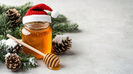rustic jar of honey adorned with small Christmas hat, surrounded by pine branches and pine cones, evokes warm holiday spirit. This festive arrangement captures essence of winter celebrations
