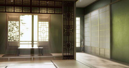 Green dark wall empty room, Modern japanese tatami mat floor, room japanese traditional style. 3D rendering